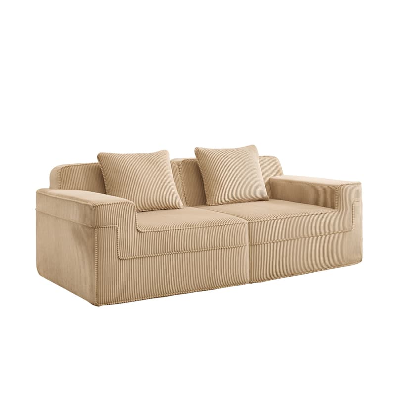 Modular 2-Seat Boneless Sofa, Modern Sectional Couch with Deep Seats, Wide Armrests, Corduroy Loveseat with Throw Pillows