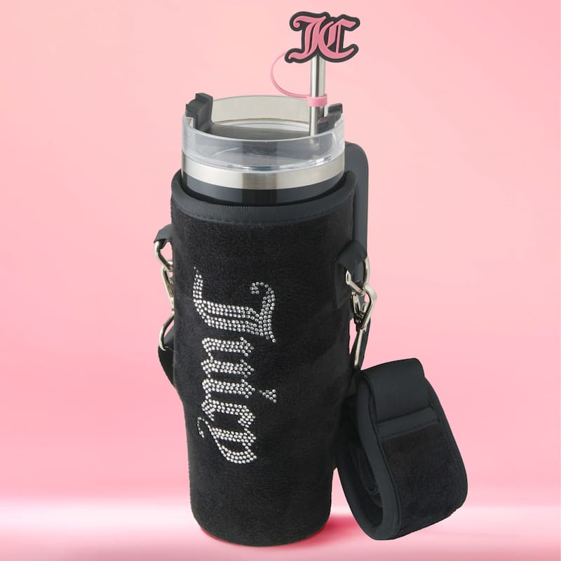 Juicy Couture Jetsetter Hydration Stainless Steel Tumbler with Handle, Straw & Topper with Velour Crossbody Pouch - Black - 30 oz