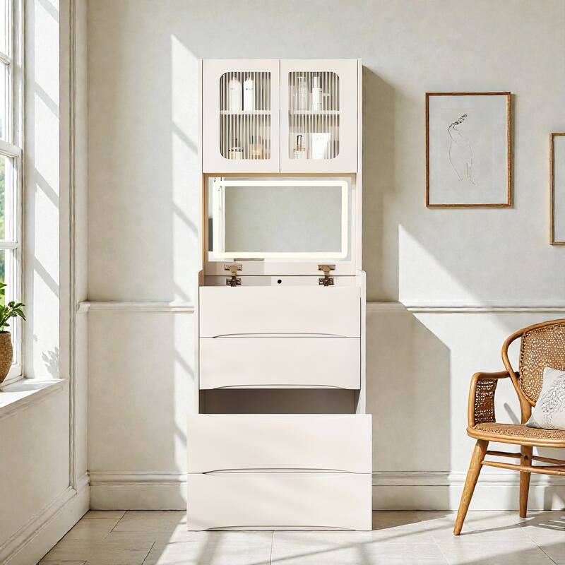 3-in-1 Vanity Table with LED Mirror, Flip-Top Makeup Desk, Storage Stool & Drawers, Adjustable Lighting Organizer