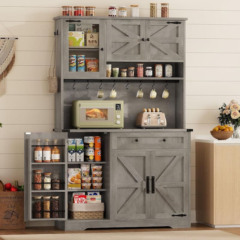 Farmhouse Kitchen Pantry Cabinet Drawer & Doors Adjustable Shelf - Grey