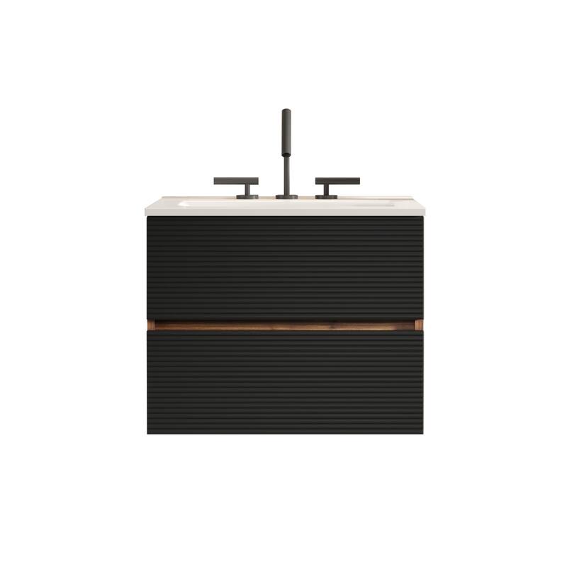 24" Wall Mounted Soft Black & Walnut Bathroom Vanity with Integrated Ceramic Sink with Overflow, with 3 holes