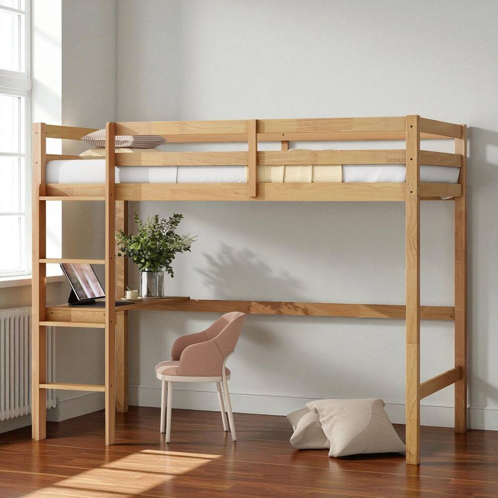 Twin Size Wooden High Loft Bed with Built-in Desk and Ladder, Solid Rubber Wood Loft Bed with Safety Guardrails