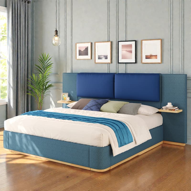Upholstered Platform Bed Frame with Side Storage Panels, Soft Rounded Corners, Cushioned Headboard & No Box Spring Needed - Blue - King