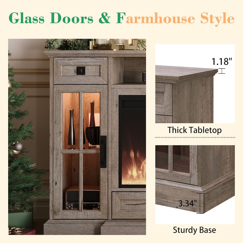 Fireplace TV Stand for 80" TV, Farmhouse Entertainment Center with LED