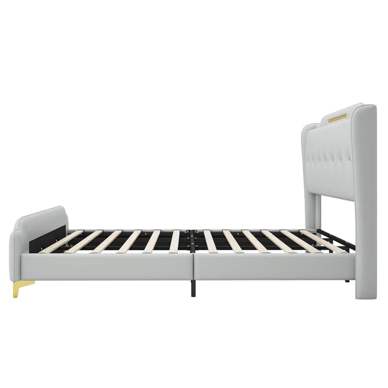 King/Queen Upholstered Bed Frame with Wingback Headboard and Footboard, Platform Base, Solid Wood Support