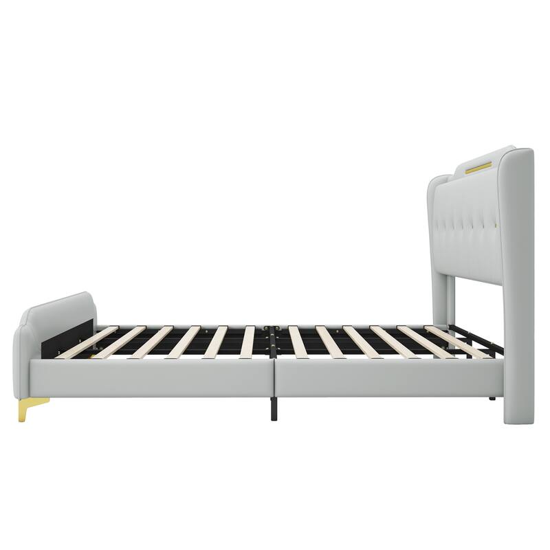 King Size PU Leather Platform Bed with Wingback Headboard and Footboard, Gold Metal Decoration, Easy Assembly