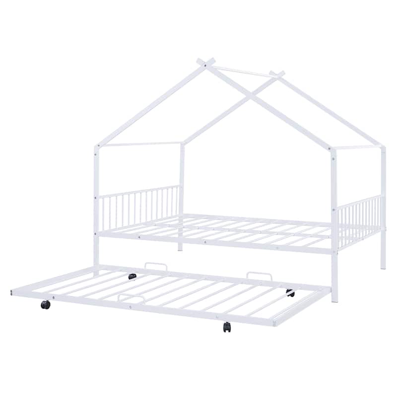 Full Size Metal House Bed with Twin Size Trundle
