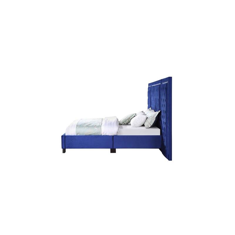 Vintage Queen Bed Frame - Blue Velvet Upholstered Bed - Elegant Bedroom Furniture