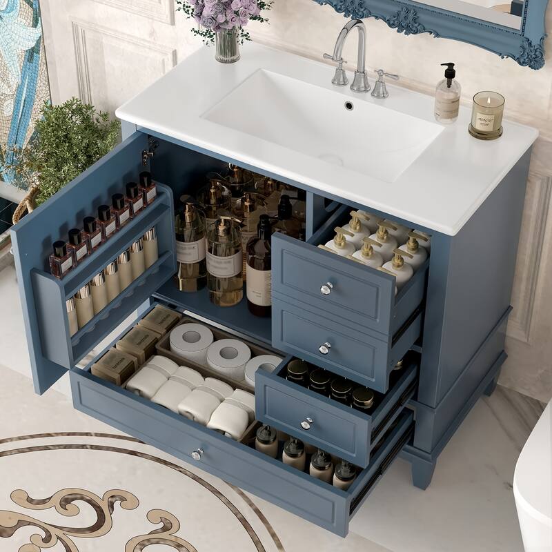 36" Bathroom Vanity with Top Sink, Modern Bathroom Storage Cabinet with 2 Drawers and a Tip-out Drawer, Single Sink - White