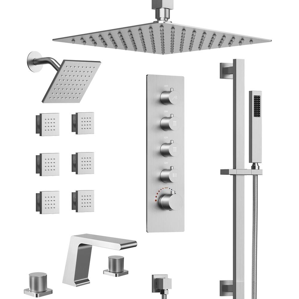 GRANDJOY Dual Shower Heads 16" Rainfall Shower System with 2-Handle Bathroom Sink Faucet Combo Set