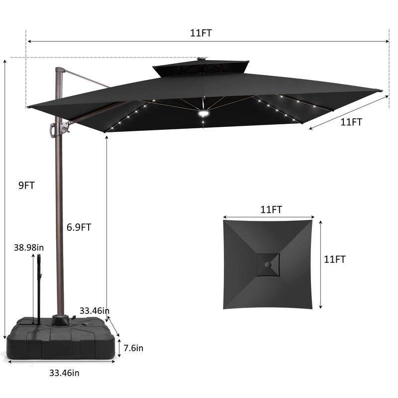 VredHom 11 FT Square Outdoor Patio Cantilever Umbrella Solar LED Lighted with Rod Base