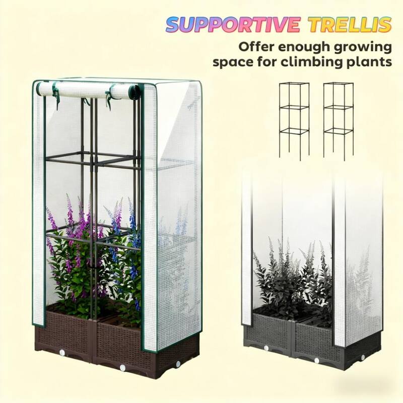 GDFStudio - Outdoor Garden Bed with Trellis, Protective Cover, Drainage Holes & Zipper Door - 48.8"H