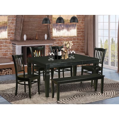 HomeStock 6-Piece Rectangle Black Finish Solid Wood Top dining Table with 1 Bench and 4 Chairs with Lattice Back
