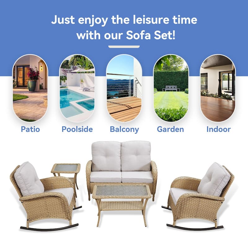 Gymojoy Outdoor Loveseat Sofa Coffee Table Rocking Chair SIde Table Set
