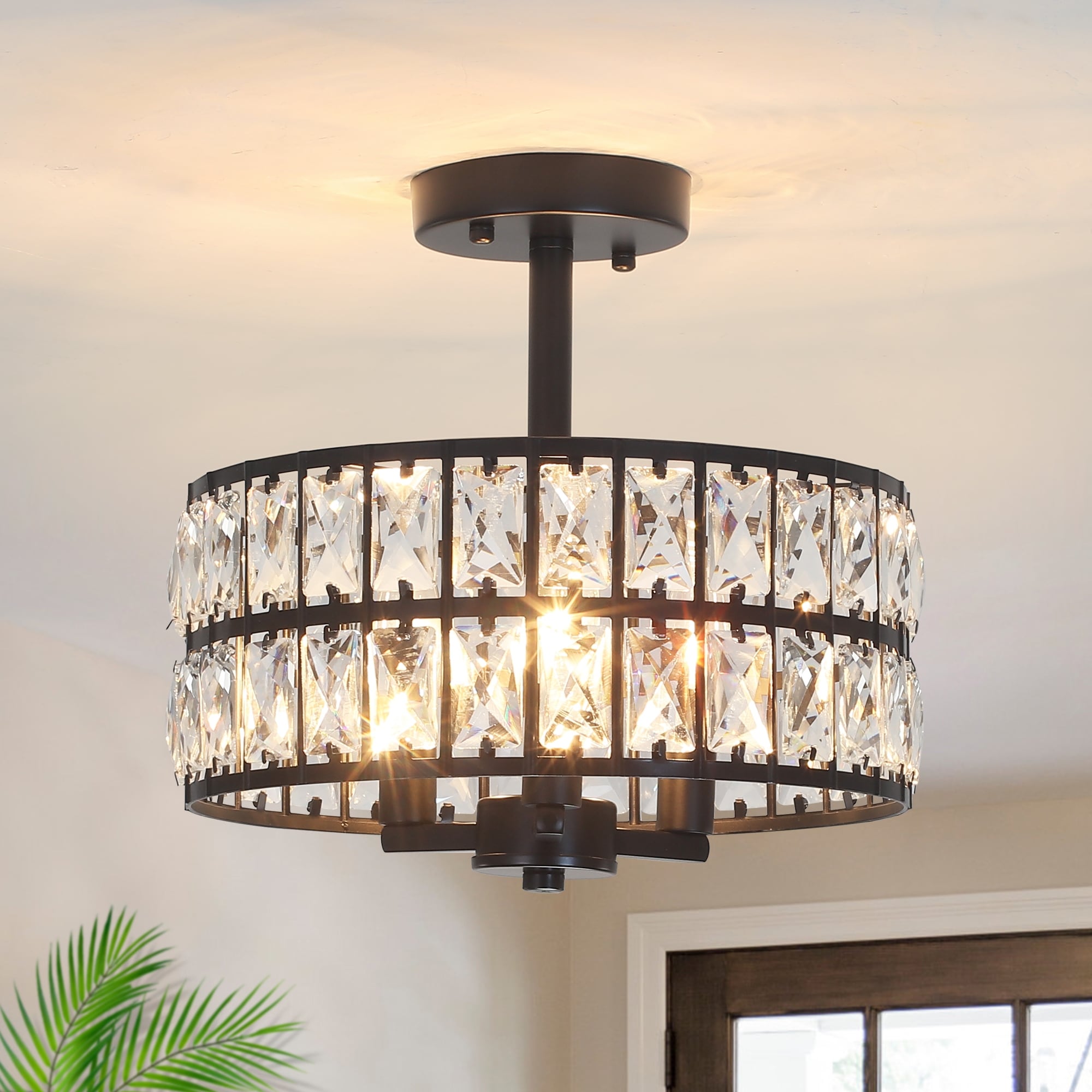 Mid-Century Modern 12.6 in. 3-Light Drum Crystal Semi Flush Mount Ceiling Light