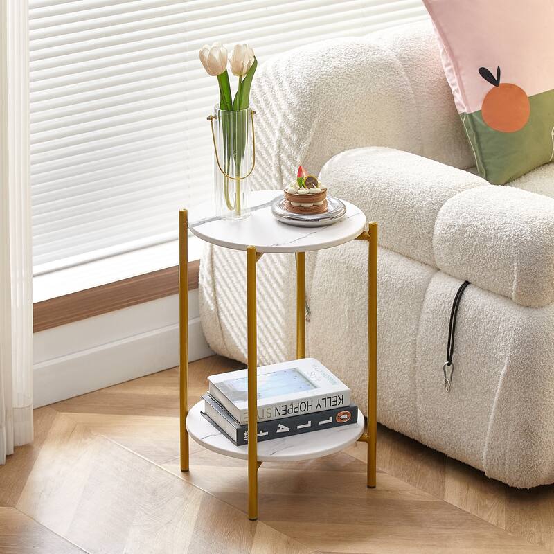 2-layer End Table with Whole Marble Tabletop, Round Coffee Table with Golden Metal Frame