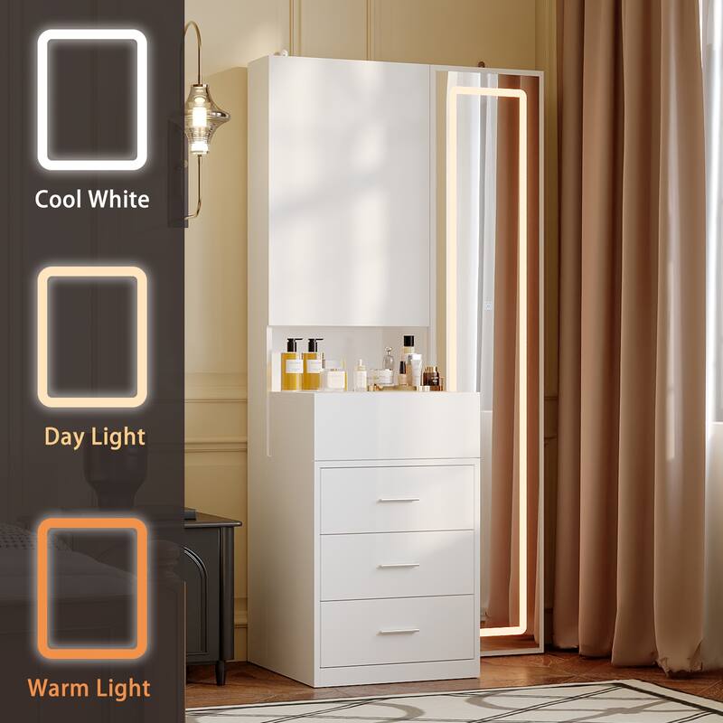 LED Full Length Mirror Jewelry Cabinet with 3 Drawers & Sliding Storage, Lighted Vanity Storage Dresser