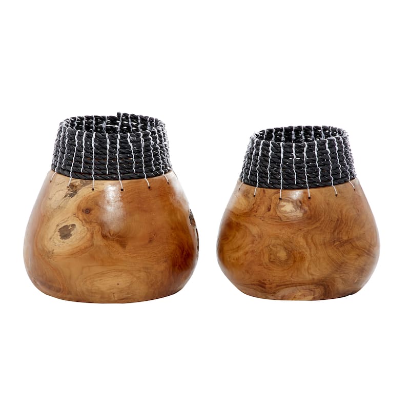 Brown Wood Handmade Vase with Black or White Seagrass Accents (Set of 2)