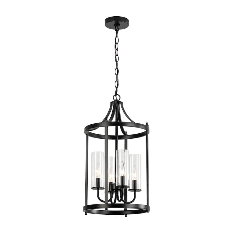 4-Light Traditional Black Drum Lantern Kitchen Island Pendant Lighting with Clear Glass Shade - 12.2 in. W x 22.44 in. H