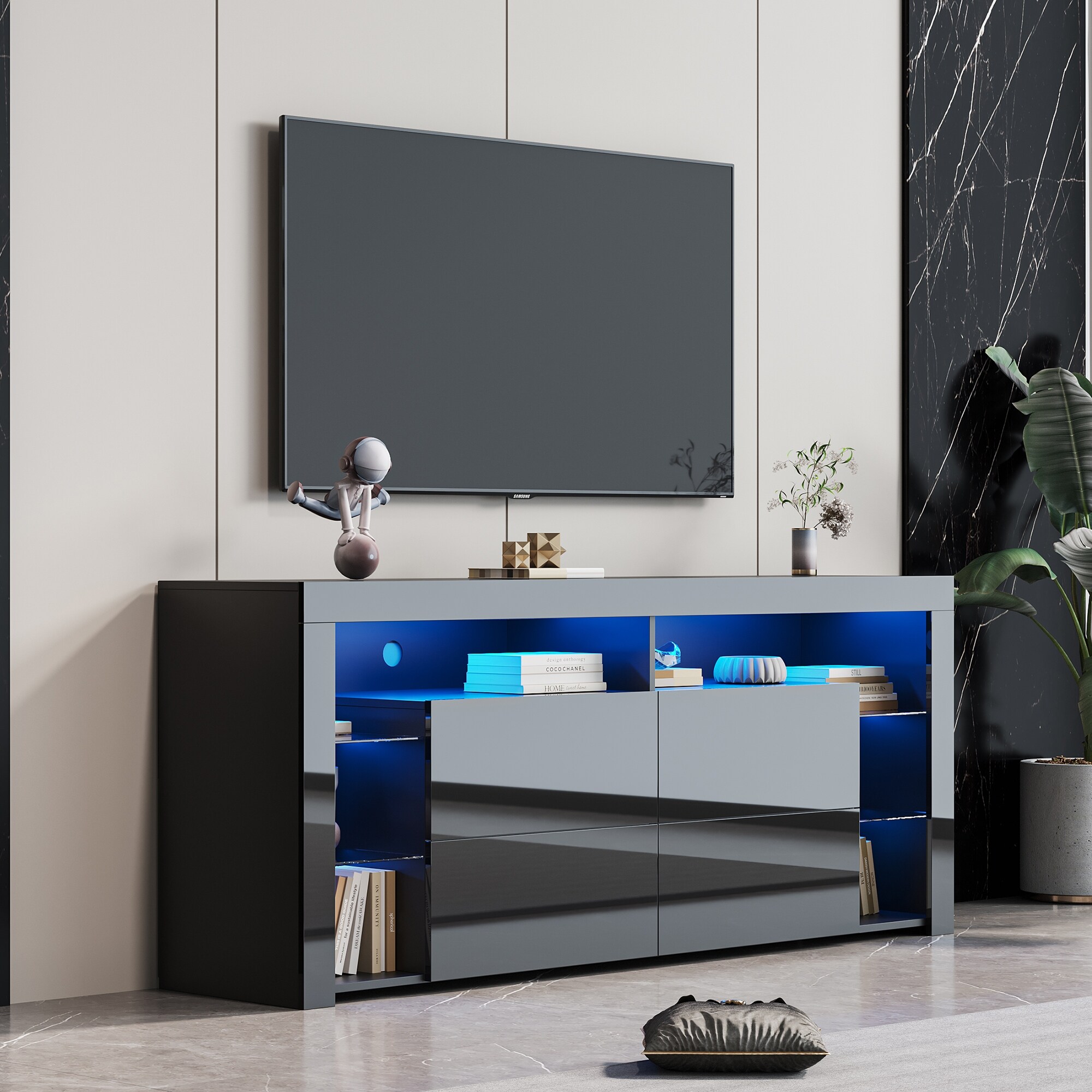 TV Cabinet with Storage Drawers Open Shelves LED TV Stand Modern High Gloss TV Console with 20 Color LED Lights Bed Bath Beyond 38889310