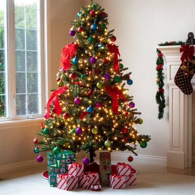 6.5FT Pre-lit Artificial Christmas Tree with 300 Lights, Includes Pre-Strung White Lights & Stand