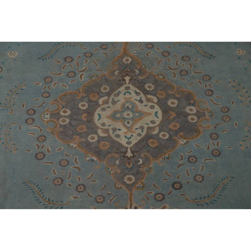 Tabriz Vintage Persian Area Rug Handmade Floral Blue Wool Carpet - 9'10" x 12'11"