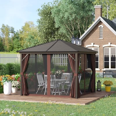 Outsunny Outdoor Hardtop Steel Canopy Gazebo w/ Aluminum Frame, Curtains, and Top Hook