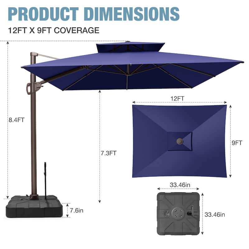 9x12 FT Rectangular Outdoor Patio Double Top Cantilever Offset Umbrella with Rod Base
