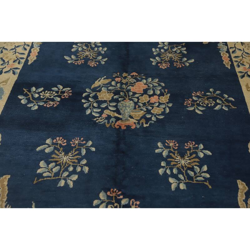 Hand Knotted Oriental 100% Wool Carpet Traditional Floral Navy Blue & Blues Art Deco Area Rug - 8' 9'' X 5' 10''