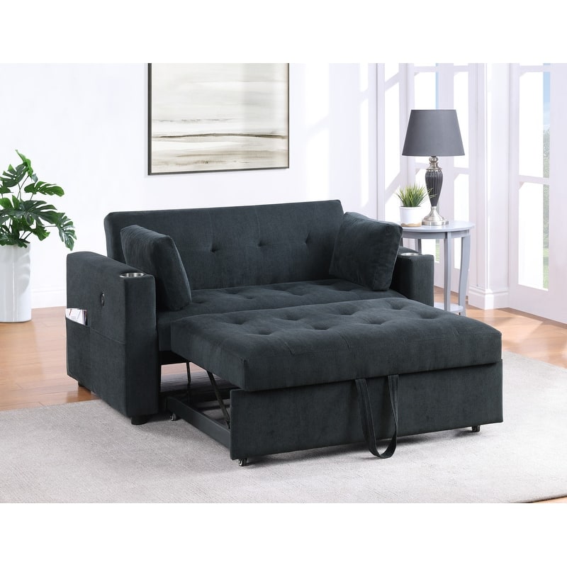 Luelle 57"W Corduroy Convertible Sleeper Loveseat with Cupholders, USB Ports, Magazine Pockets, Pillows, Tufting - Black