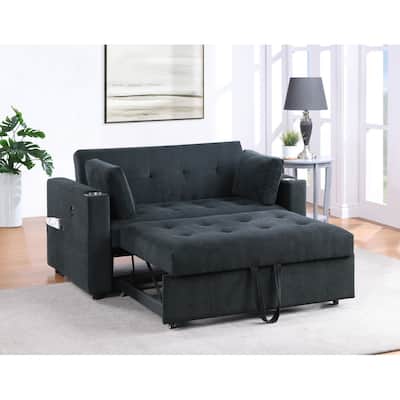 Luelle 57"W Corduroy Convertible Sleeper Loveseat with Cupholders, USB Ports, Magazine Pockets, Pillows, Tufting