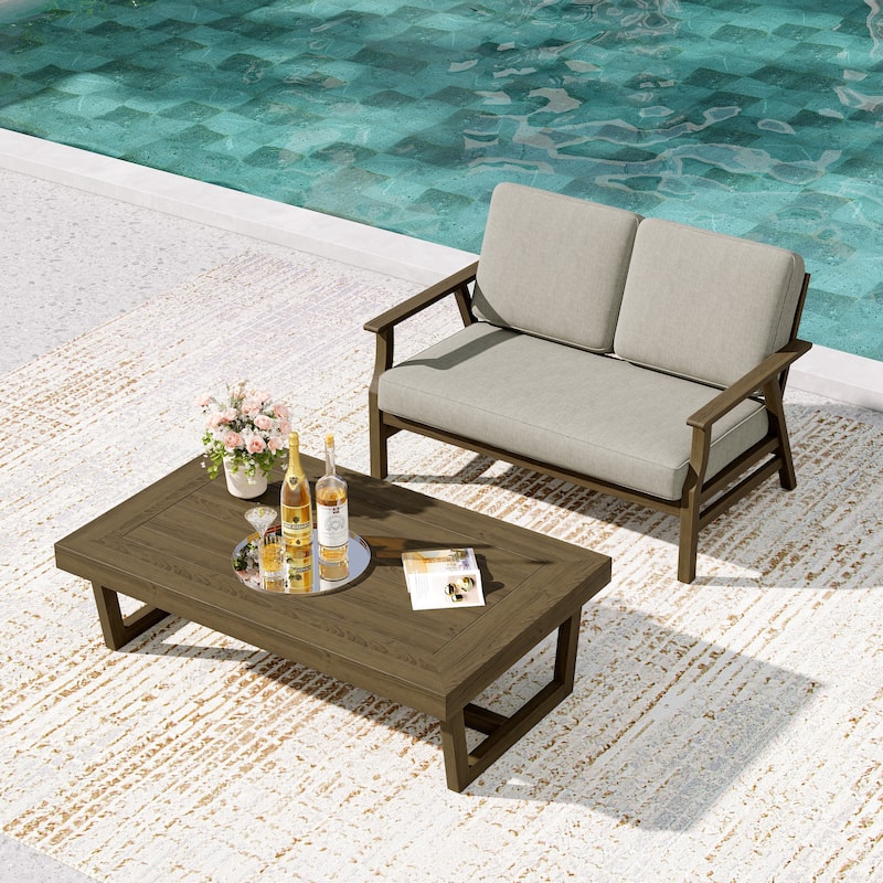 2-Piece Teak Outdoor Loveseat Set with Table. - Brown Wood - Light Camel/coffee table