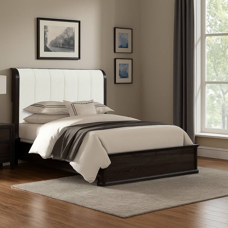 Osko King Bed, Vertical Channeled White Upholstered Headboard, Black