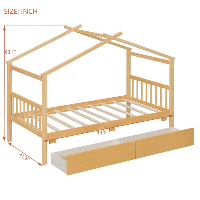 Twin/Full Size Wooden House Bed with Roof and 2 Drawers, Kids Platform Bed with Storage, Solid Pine Frame