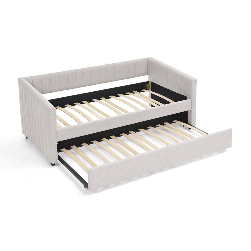 Twin/Full Size Daybed with Trundle, Upholstered Sofa Bed with Vertical Stripes, Linen Fabric, Comfortable Seating for Bedroom
