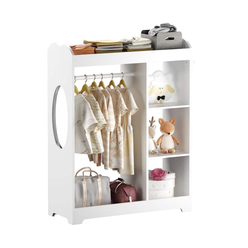 Kids Dress Up Storage with Mirror and Hooks, Wooden Clothes Rack with Hanging Rod, 3 Side Hooks, Storage Shelves and Top Shelf