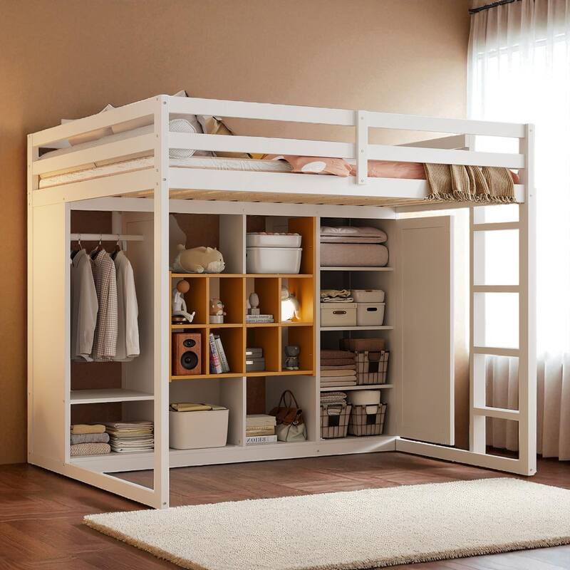 Space-Saving Twin/Full Loft Bed, Solid Wood Frame with Open Wardrobe, Colorful Shelves, Cabinet Storage & Reversible Ladder - White Yellow - Full