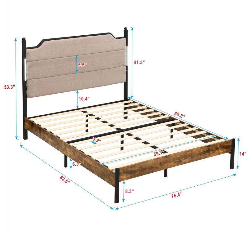King Bed Frame, Upholstered headboard with Charging and Touch sensitive LED Lights, Under Bed Storage, No Box Spring Needed