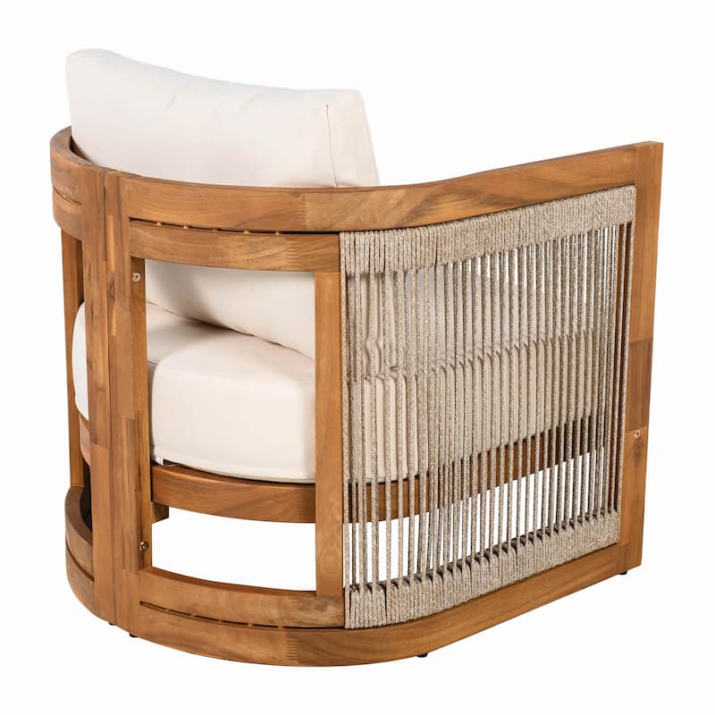 Set of 2 Outdoor Wood Curved Club Chairs with Woven Rope and Cushions