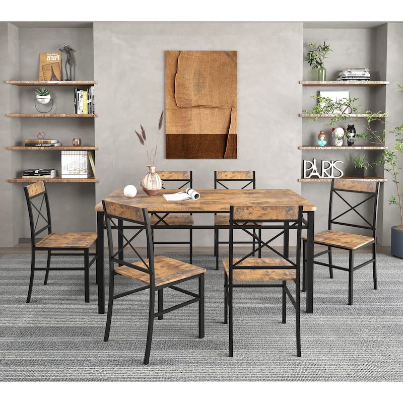 7 Piece Metal Frame Dining Table Set with 6 Chairs and Rectangular Dining Room Table for Dining Room Brown - Brown