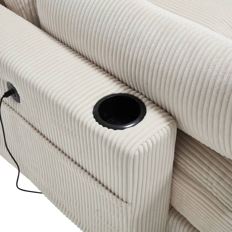 Oversized Corduroy Upholstered Single Chaise Lounge Sofa Couch Switchable Armrest with Cup Holders, USB Ports and Pockets