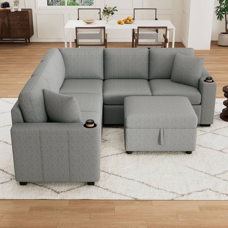 Modern Modular Sectional Sofa with Pull Out Bed and Storage Ottoman and USB Ports for Living Room or Guest Room