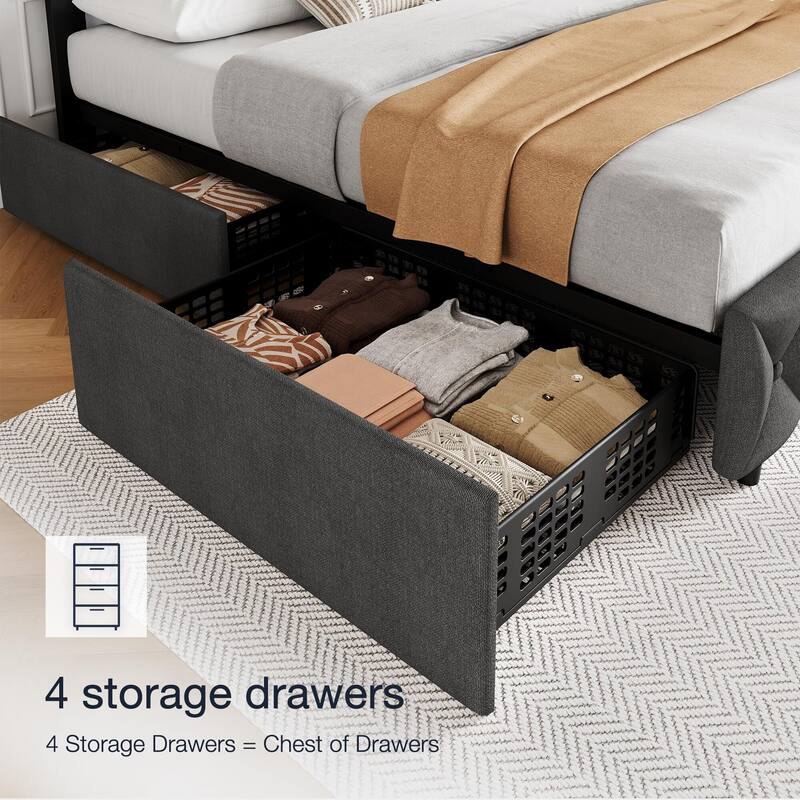 Bed Frame with 4 Storage Drawers and Adjustable Headboard