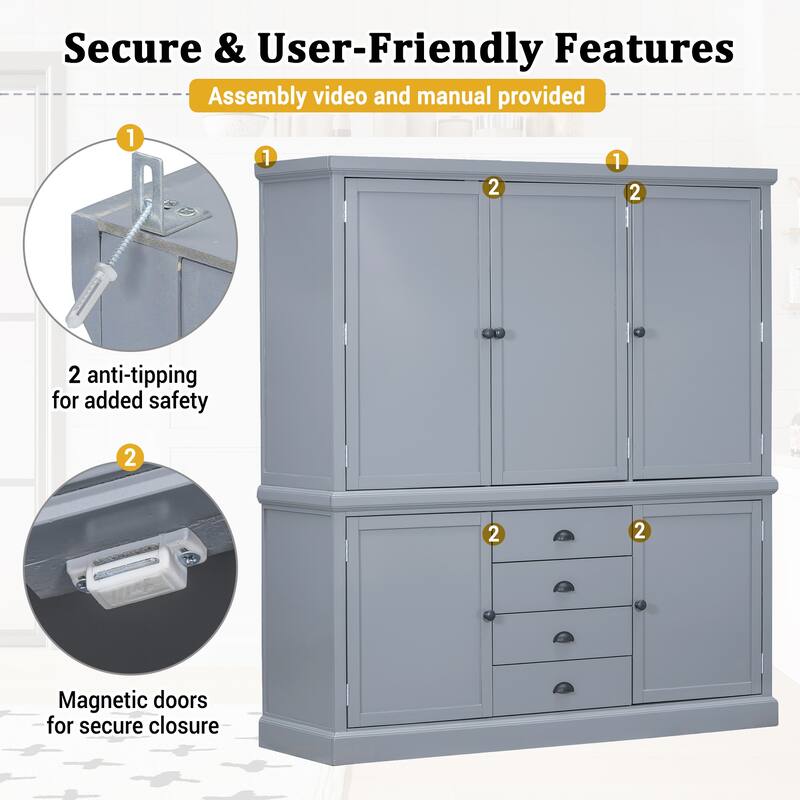 Roomfitters Kitchen Pantry Organizers and Storage Kitchen Cabinet, Hutch with Microwave Stand, 4 Drawers, Spice Racks