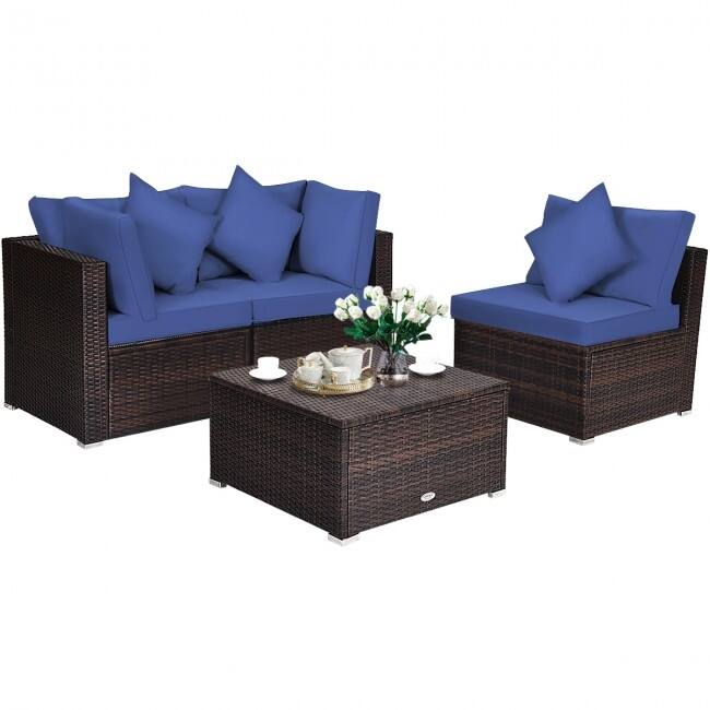 4 Pieces Patio Rattan Furniture Set with Removable Cushions and Pillows - Corner Sofa: 29" x 29" x 25"