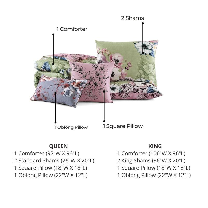 Bebejan Lilac Cascade on Olive 100% Cotton Sateen 5 Piece Reversible Comforter Set