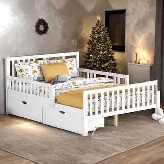 Full Size Wood Platform Bed with Guardrails on Both Sides and Two Storage Drawers