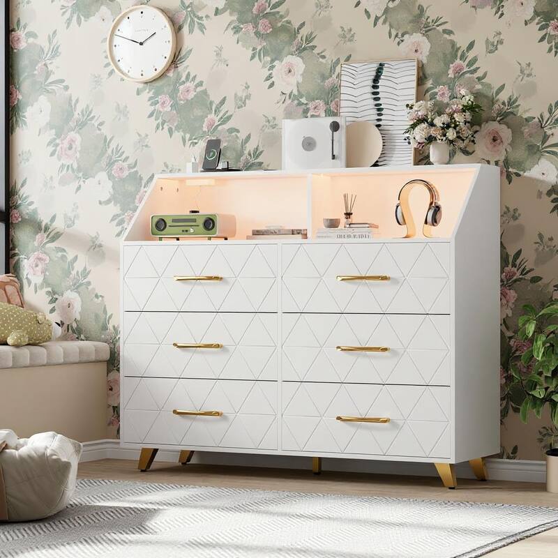 6 Drawers Dresser for Bedroom, with Charging Station and LED Lights - White