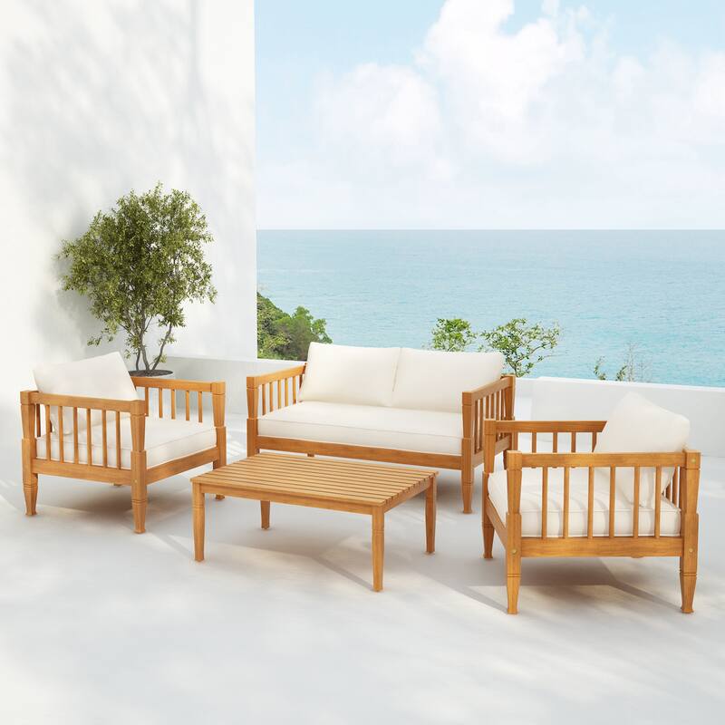 Scott Living Darla 4 Piece Outdoor Sleek Acacia Wood Seating Set with Water-Resistant Cushion - Teak Finish