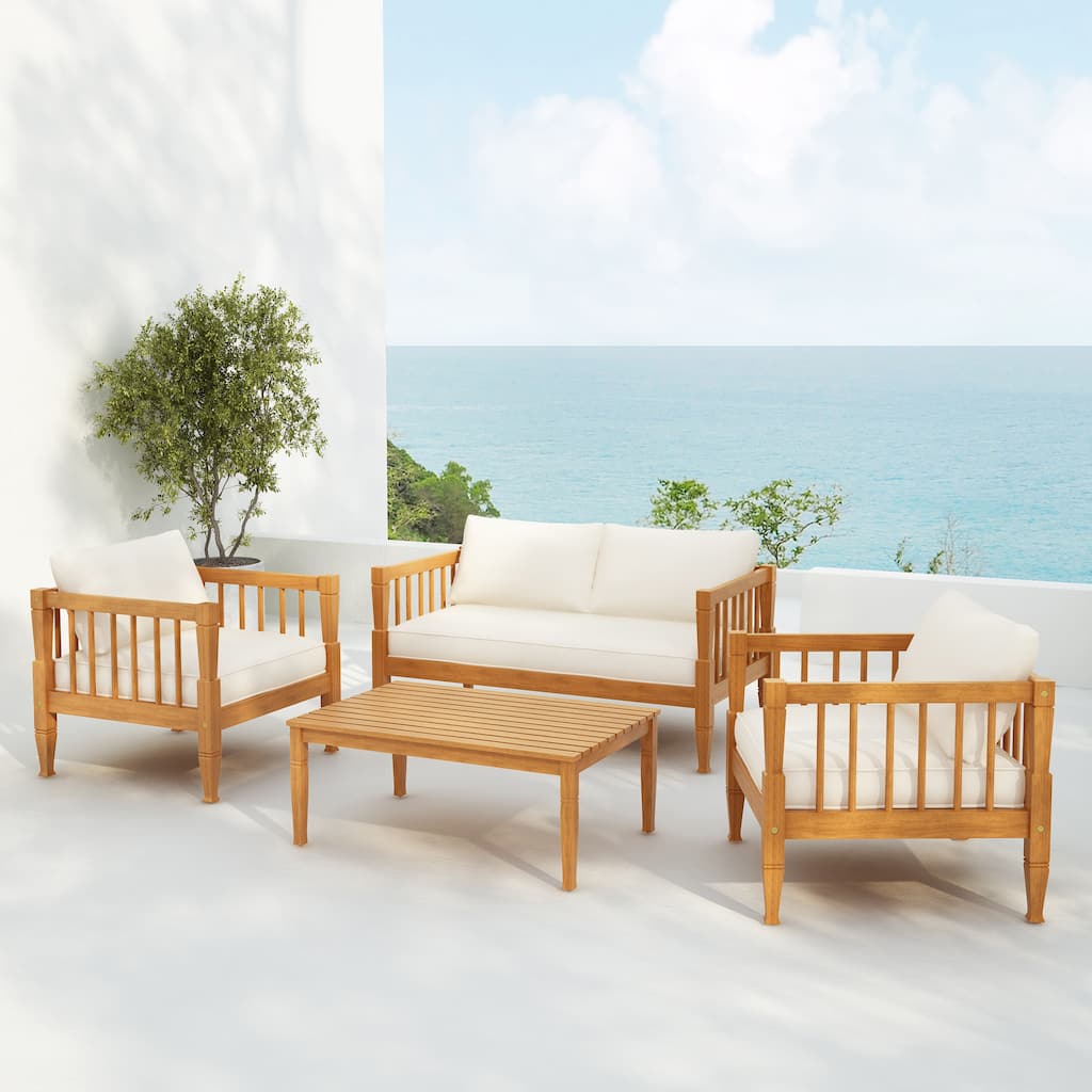 Scott Living Darla 4 Piece Outdoor Sleek Acacia Wood Seating Set with Water-Resistant Cushion